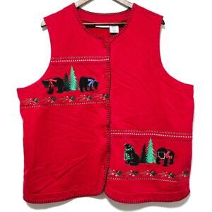 Vintage Vest Women's Plus Size 2XL Button-Up Red Embroidered Nature Bear Grandma
